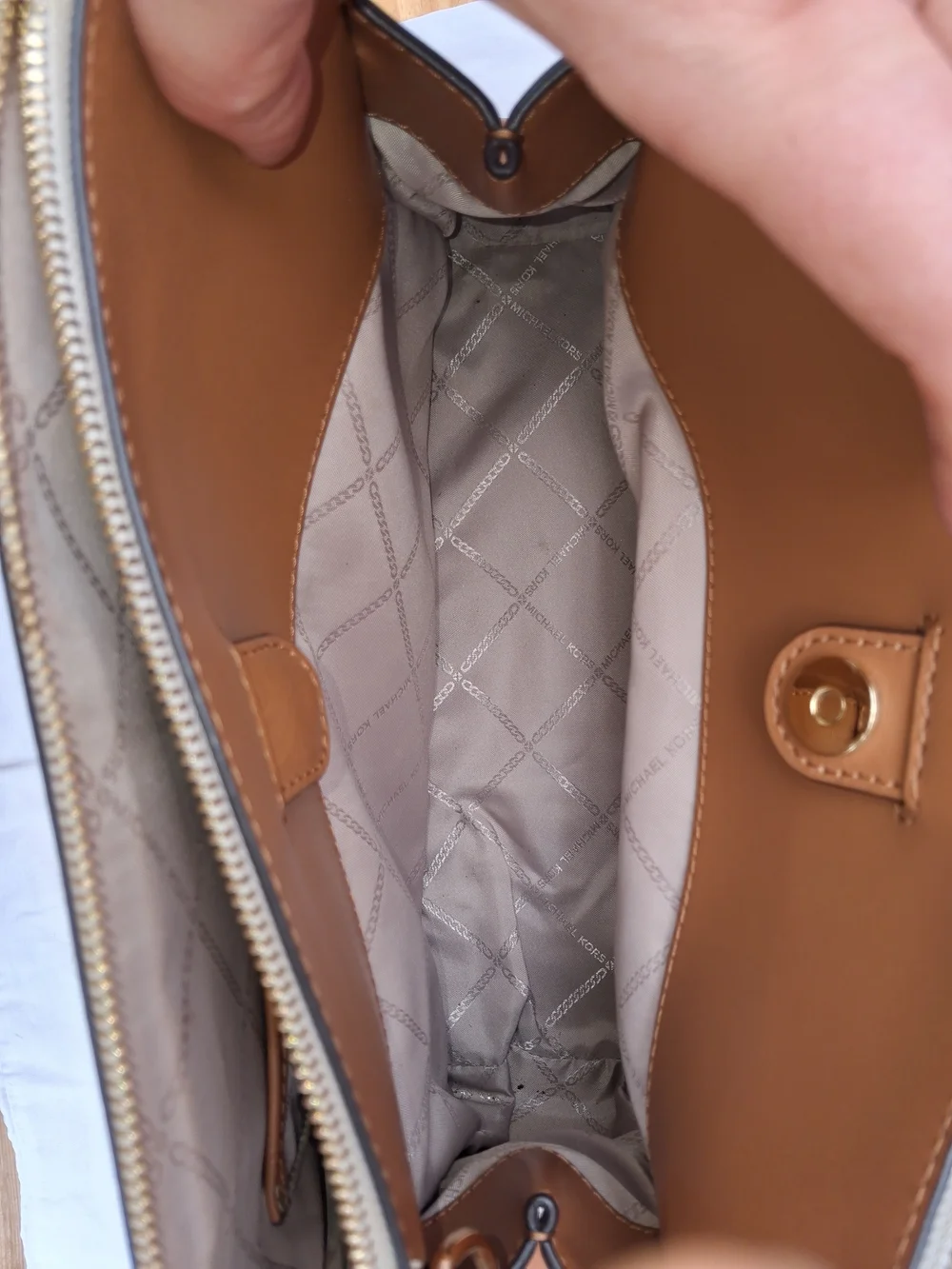 Michael Kors Beige Signature MK Satchel with Acorn Trim
